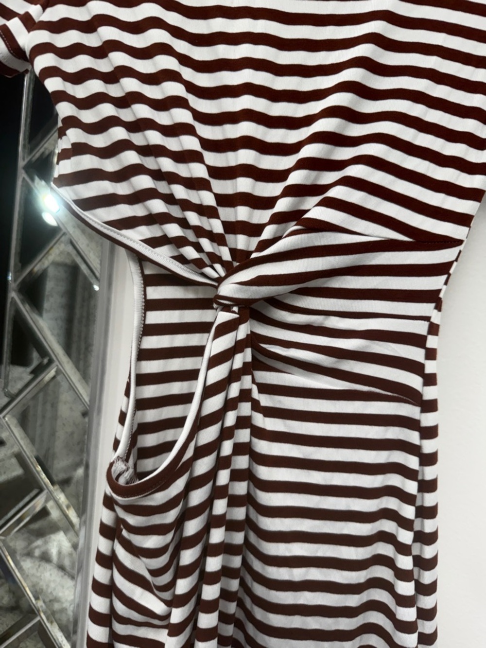 SHEIN Striped Twist-Front side cut out Short Sleeve Dress in Brown & White - Picture 2 of 6